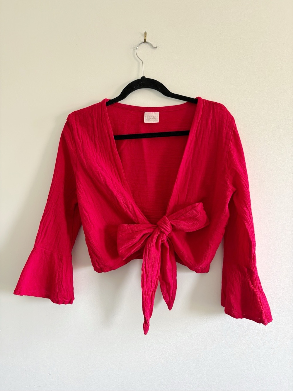 Cecilia Nathal 100% cotton red Women's Tie-Front, Cropped Wrap top size Large
